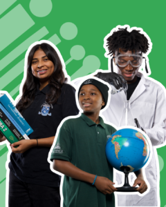 LA Alliance students with textbooks, a globe, and science equipment representing academic learning and STEM education.